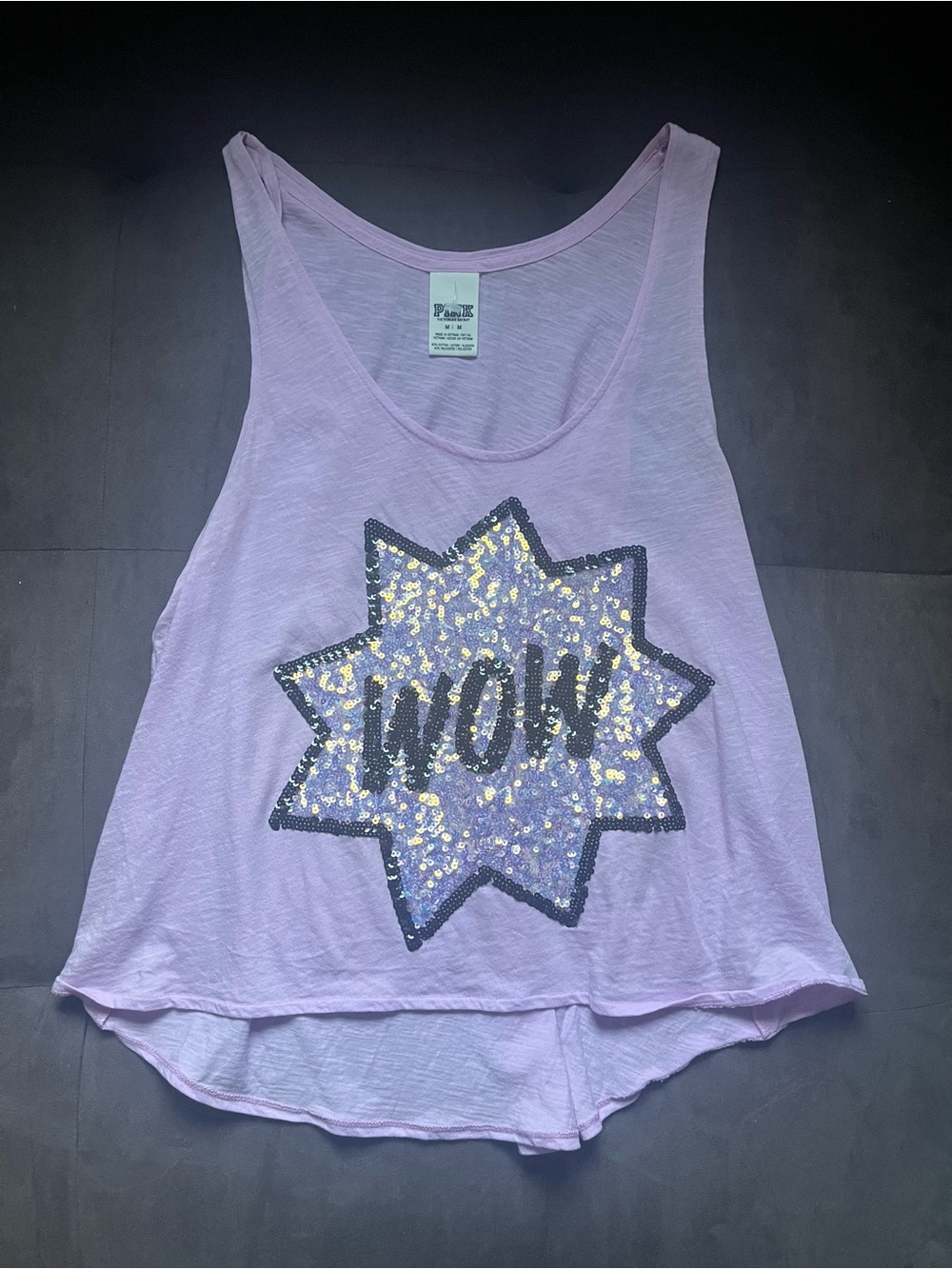 PINK Victoria's Secret Light Purple Sequin 'WOW' Graphic Tank